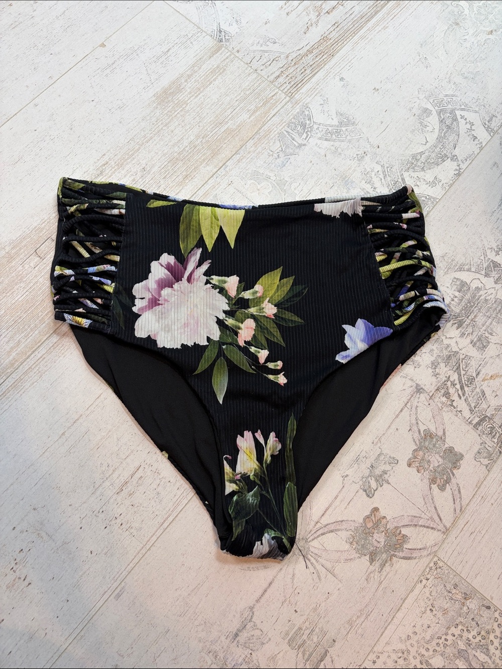 Black Floral Print High Waisted Bikini Bottoms
